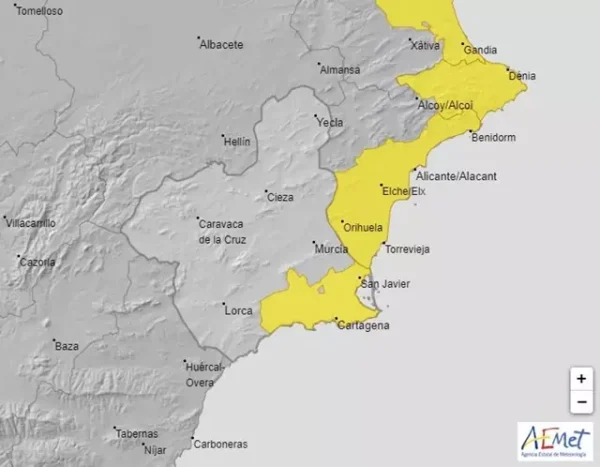 Imagen del mapa de avisos activos en la Región - AEMET